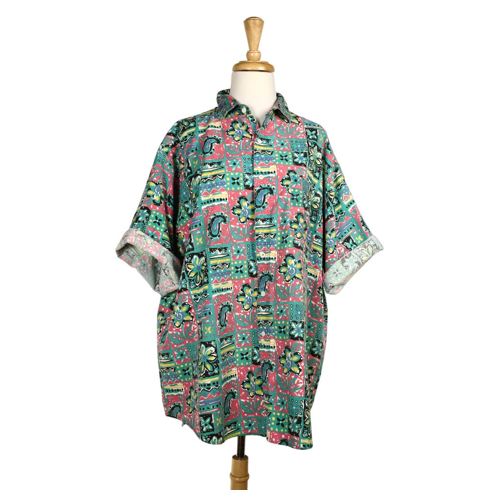 Vintage Mens Pro Spirit Hawaiian Shirt Turquoise Pink Flower Cotton XL - Hey Viv